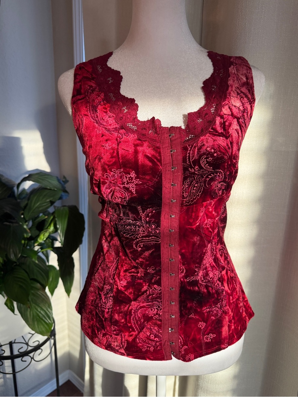 Vanity Red Paisley velvet top Lace Trim